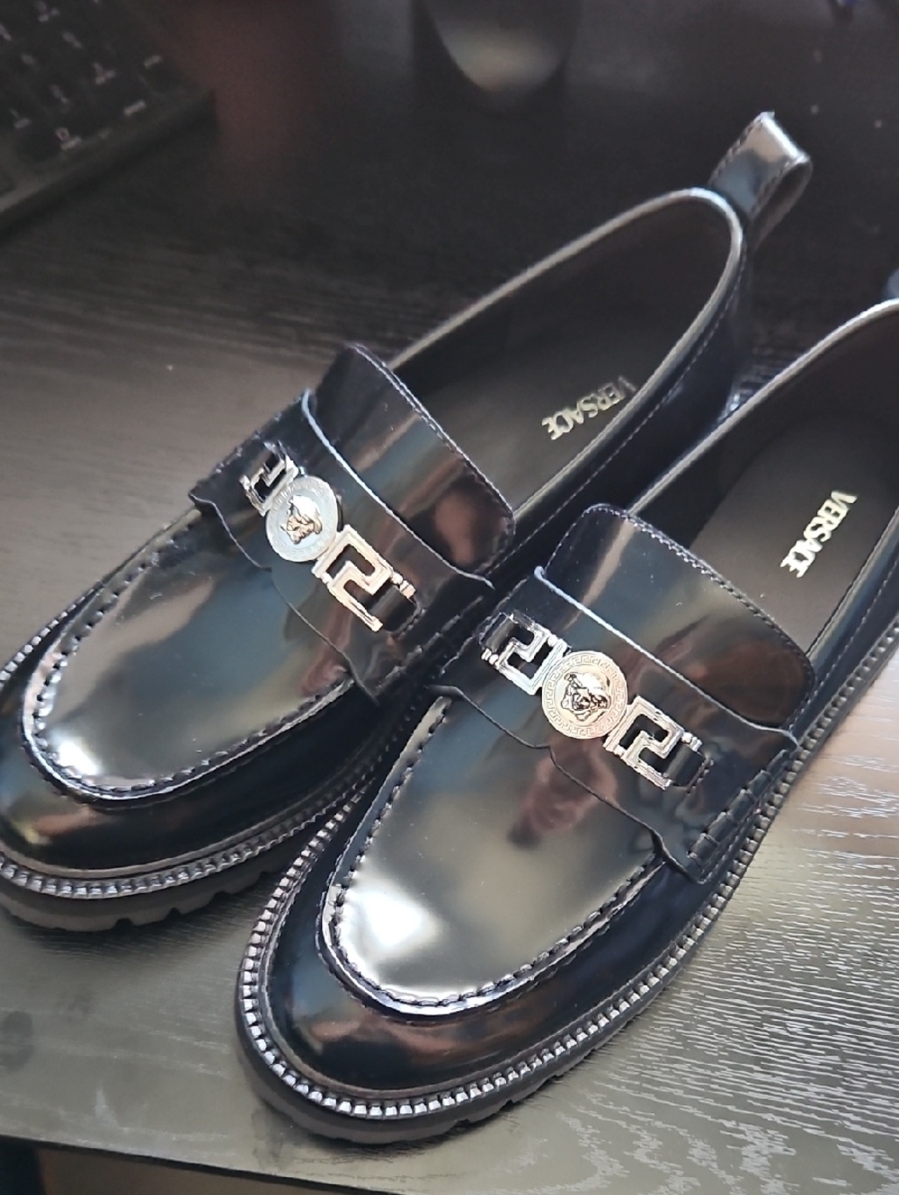 Versace Black Patent Leather Loafers with Silver Medusa Hardware